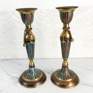 Vintage pair of metal tassel rope taper candle stick holders set of 2